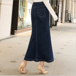 Fashion Female Big Hem Jean Denim Skirts Fishtail Long Solid Button Casual Skirt High Waist Long Denim Skirt For Women